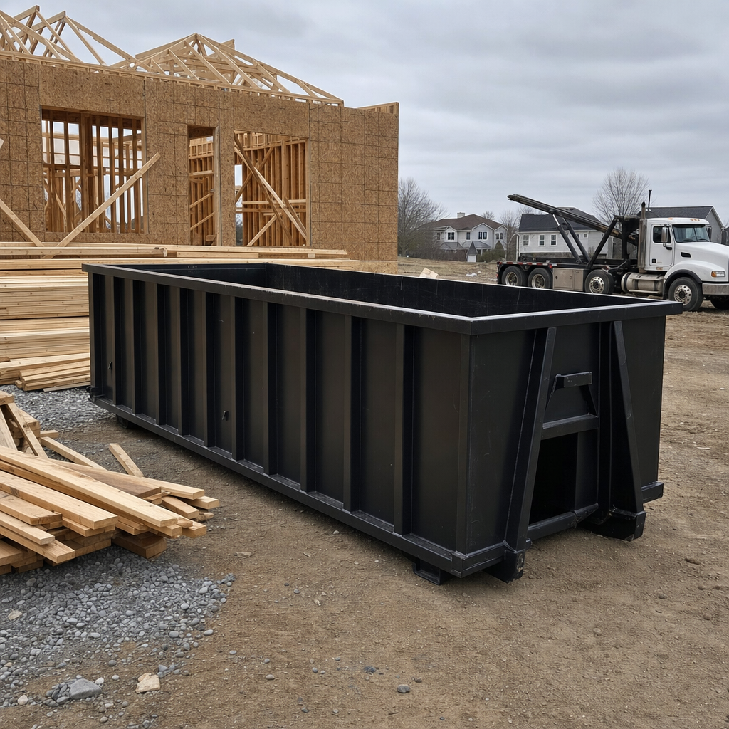 Matte-black 40-yard roll-off dumpster staged on a framed-out residential construction site in Daly City, framing lumber stacked nearby, hooklift delivery truck visible in the background under bright Colorado daylight