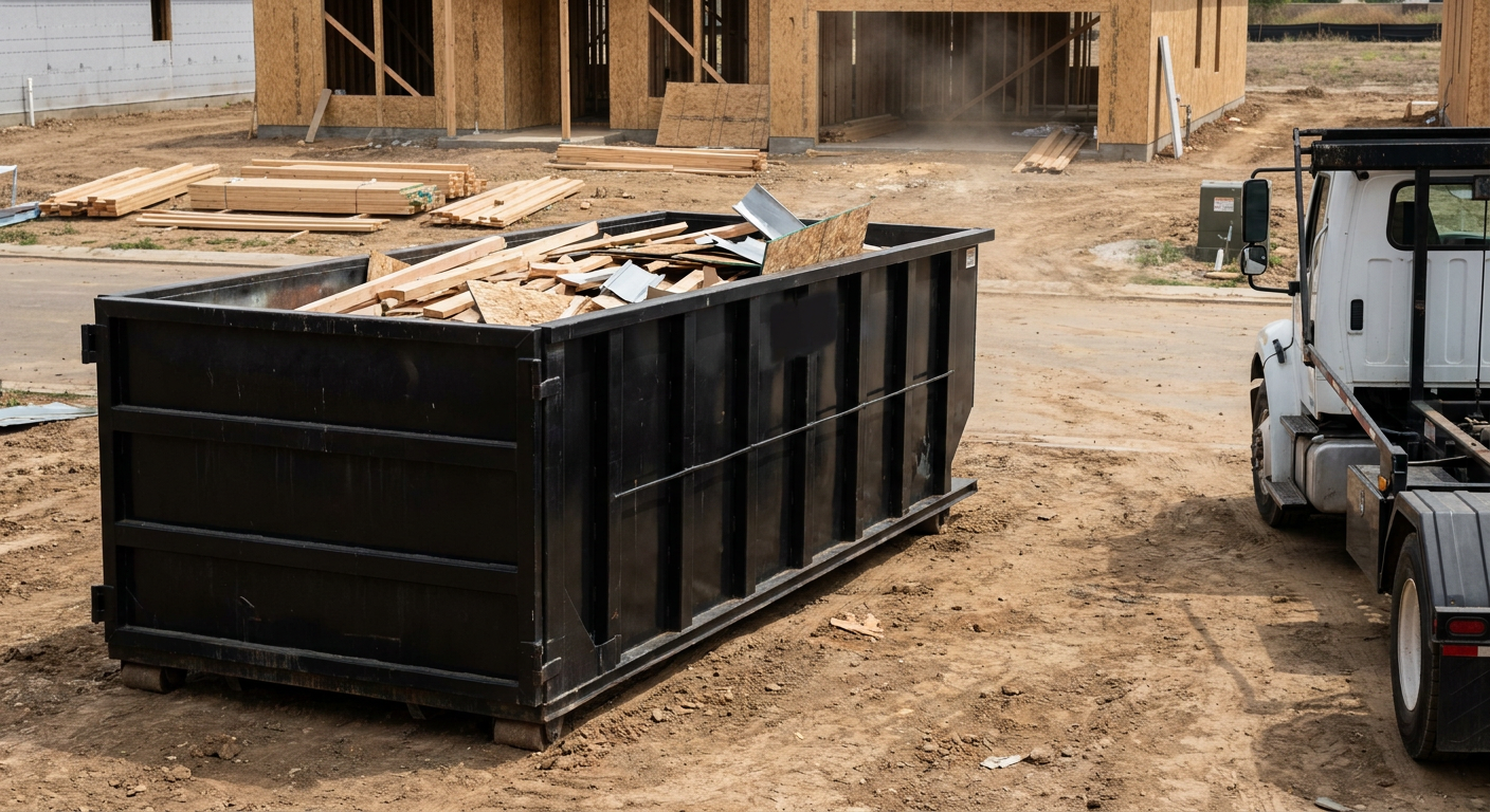 Matte-black 20-yard roll-off construction dumpster with heavy ribbed steel sidewalls and swing rear doors at a working jobsite in Daly City, sitting directly on compacted dirt with an unmarked white hauler partially visible at the far edge of the frame.