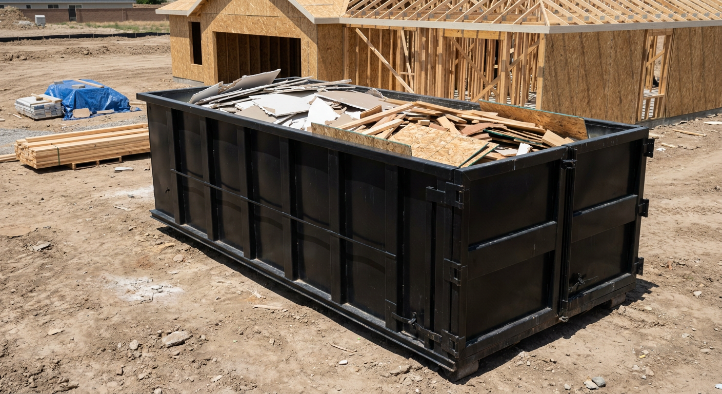 Matte-black 30-yard roll-off construction dumpster sitting directly on the compacted-dirt site of a framed single-family home build in Daly City, drywall and lumber scrap loaded inside.