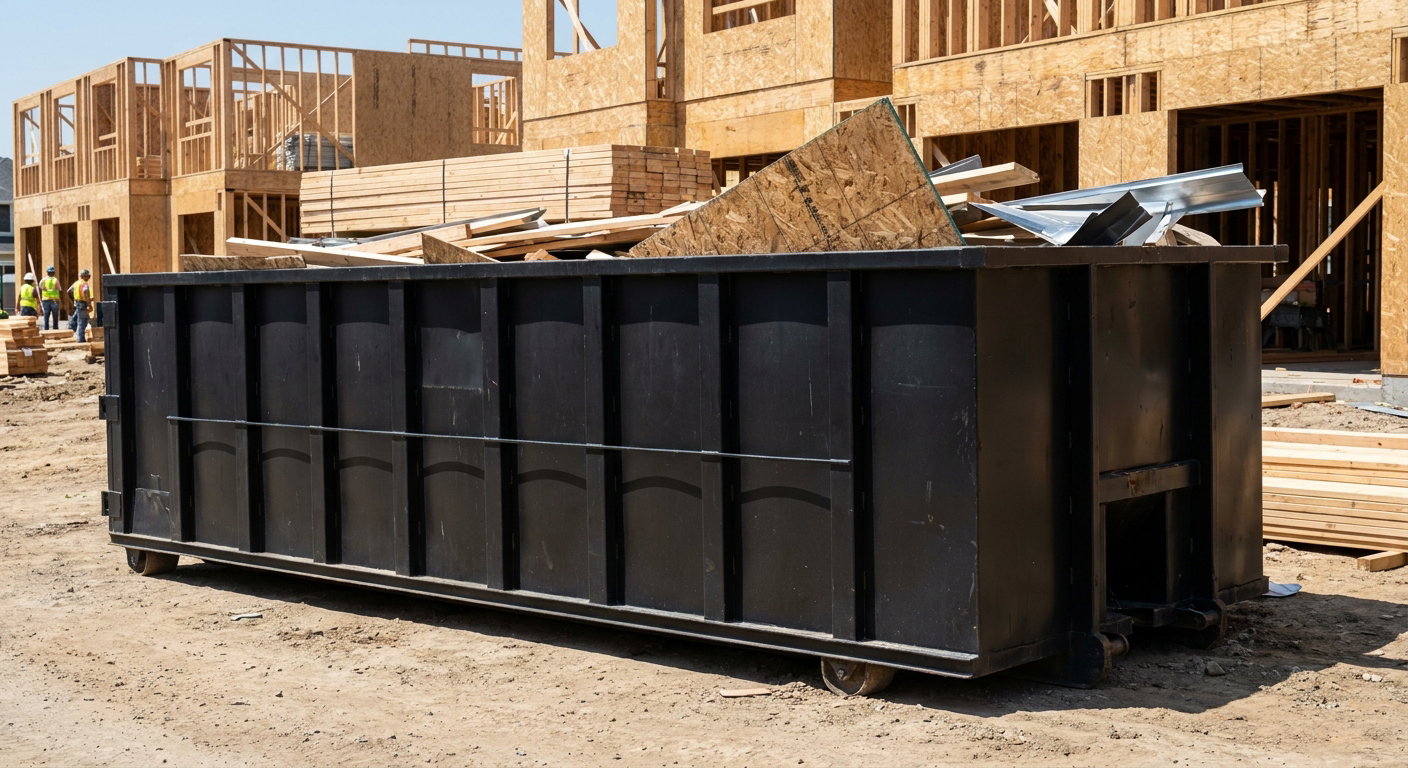 Matte-black 40-yard roll-off construction dumpster being lowered from a white-cab hooklift delivery truck onto the compacted-dirt jobsite at a commercial build site in Daly City