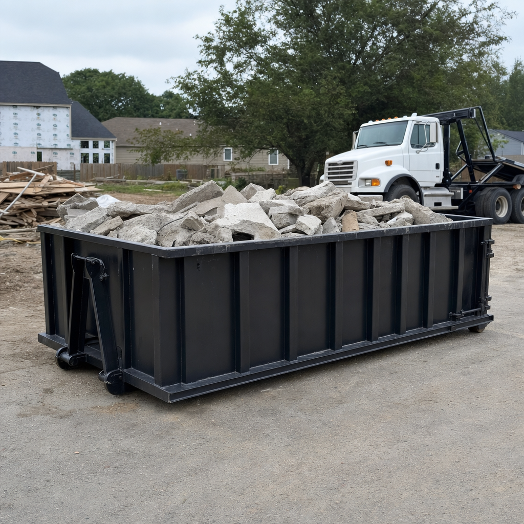 Low-profile matte-black lowboy roll-off dumpster loaded with broken concrete slab and rebar at a foundation tear-out in Daly City, skid steer parked beside it, sunny Colorado morning