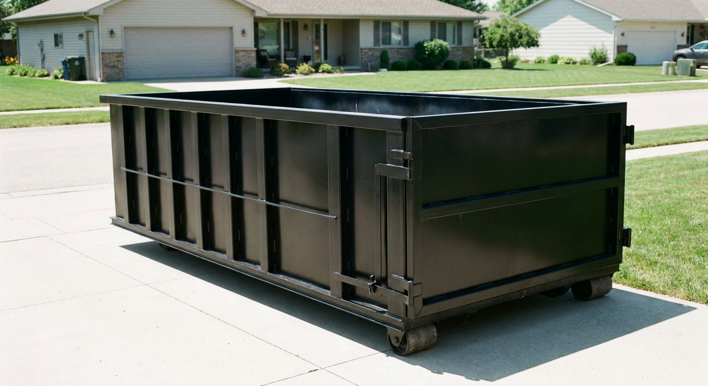 Matte-black 10-yard roll-off dumpster on a residential concrete driveway in Daly City, uniformly painted matte black across every panel and rail, ribbed steel sidewalls and rear swing door visible, mid-day daylight.