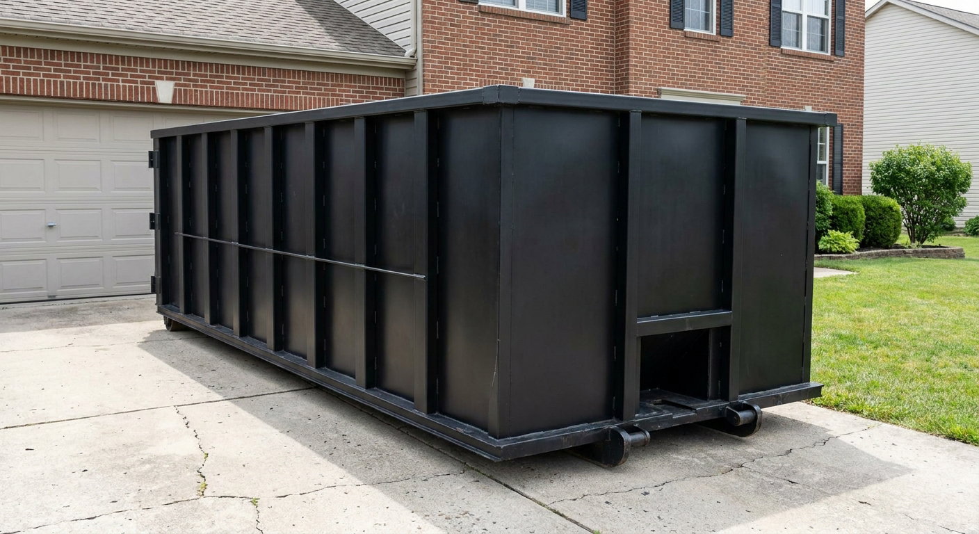 Matte-black 20-yard roll-off container on a Daly City residential concrete driveway with reinforced ribbed steel sidewalls and a hinged rear walk-in door, clean bright daylight.
