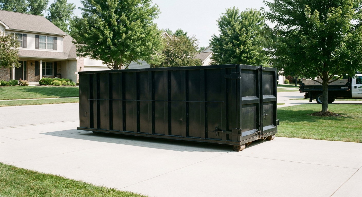 Matte-black 20-yard roll-off dumpster sitting level on a clean Daly City residential concrete driveway under bright daylight, demonstrating clean placement directly on the concrete.