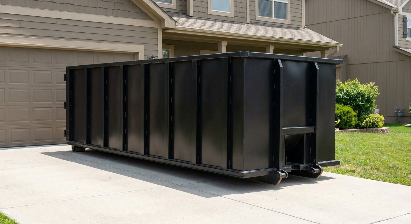 Matte-black residential roll-off dumpster sitting directly on a suburban Daly City concrete driveway, garage door closed, single-family home in background, bright morning daylight.