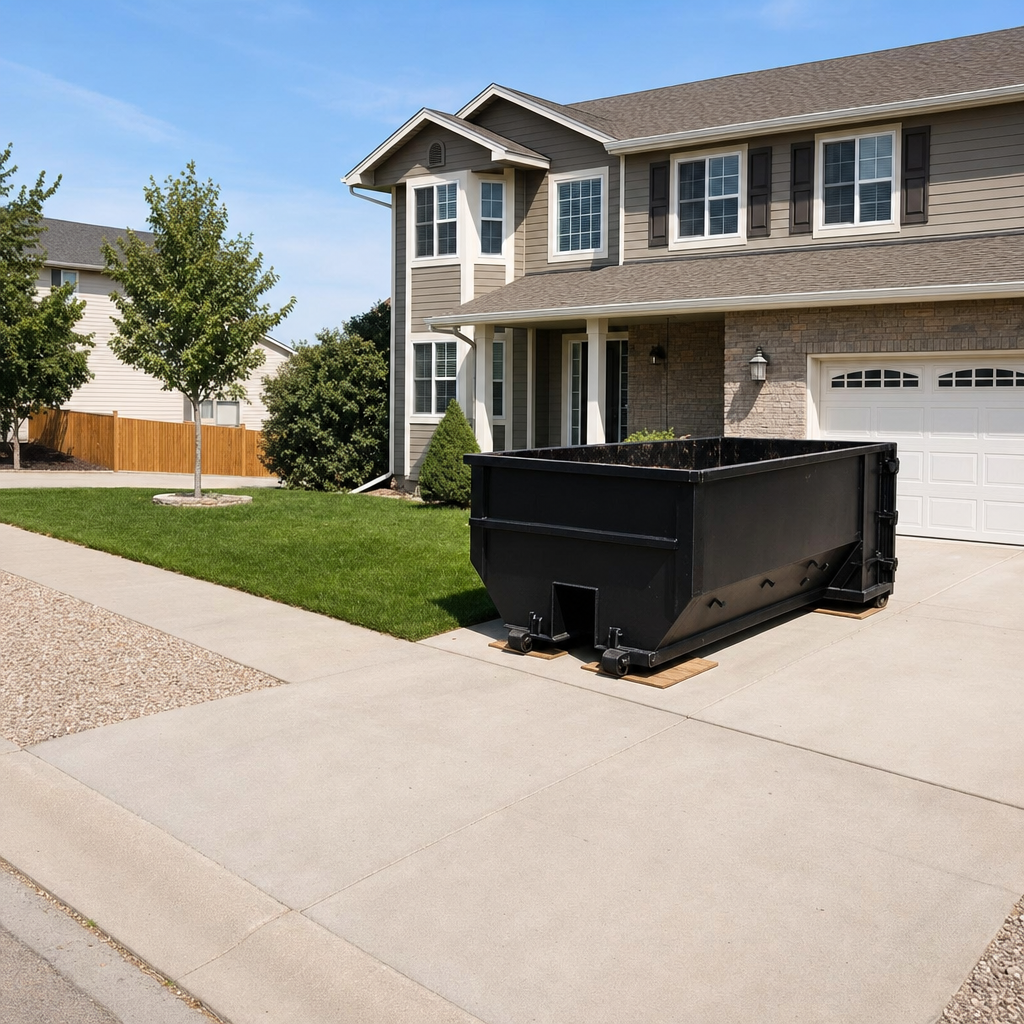 10-yard matte-black residential dumpster placed directly on a narrow Daly City concrete driveway, room remains for a parked sedan beside it, mid-morning natural light
