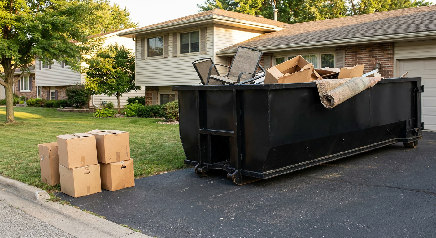 Front-yard view of a Daly City split-level home with a 20-yard matte-black roll-off dumpster sitting directly on the asphalt driveway, a few clearly labeled donation boxes staged at the curb, calm sunny afternoon.