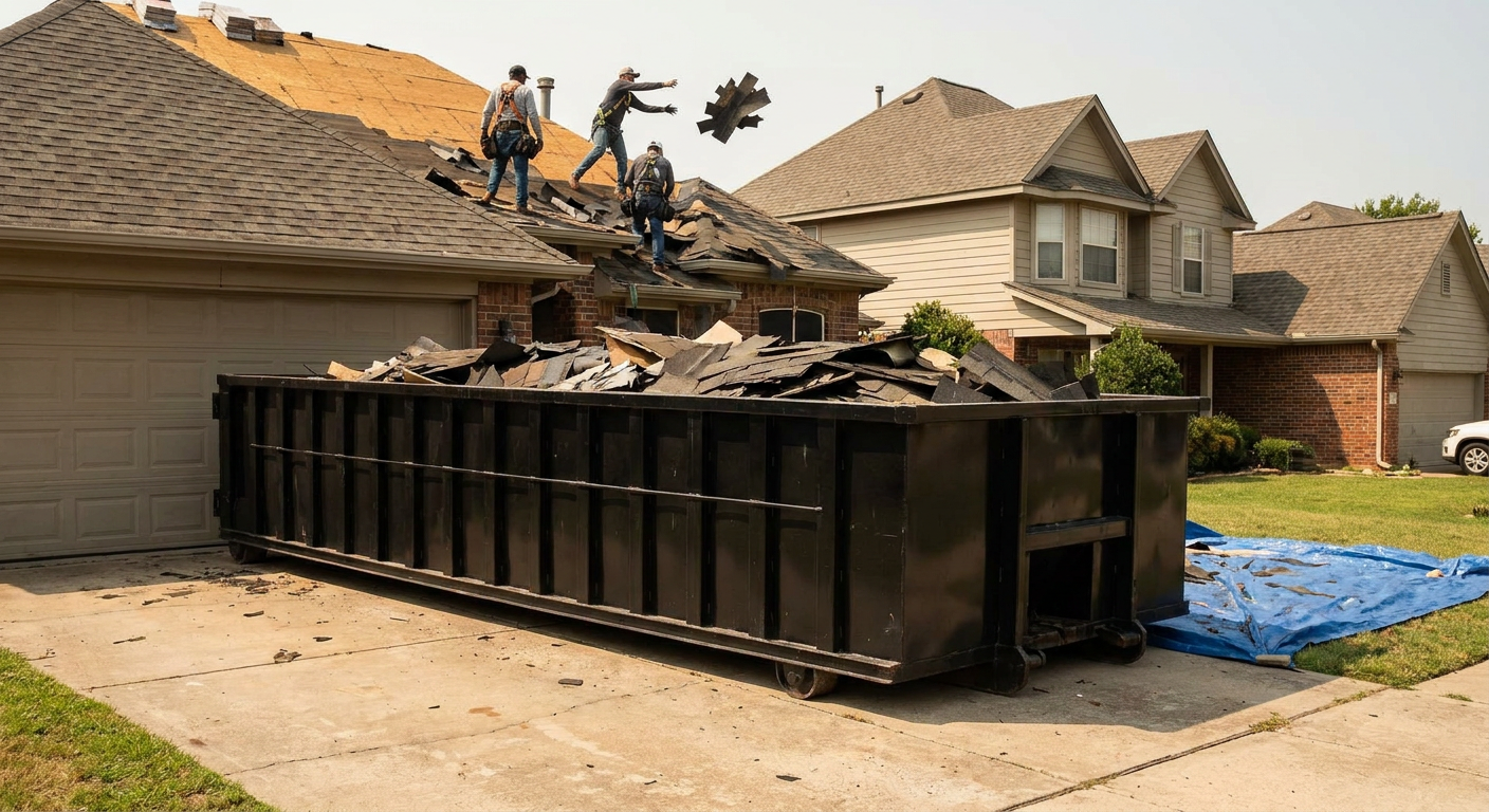 Matte-black roofing roll-off dumpster placed directly on a Daly City residential concrete driveway, a tear-off crew on a two-story asphalt-shingle roof tossing shingle bundles into the low-walled container, bright daylight, documentary 35mm perspective.