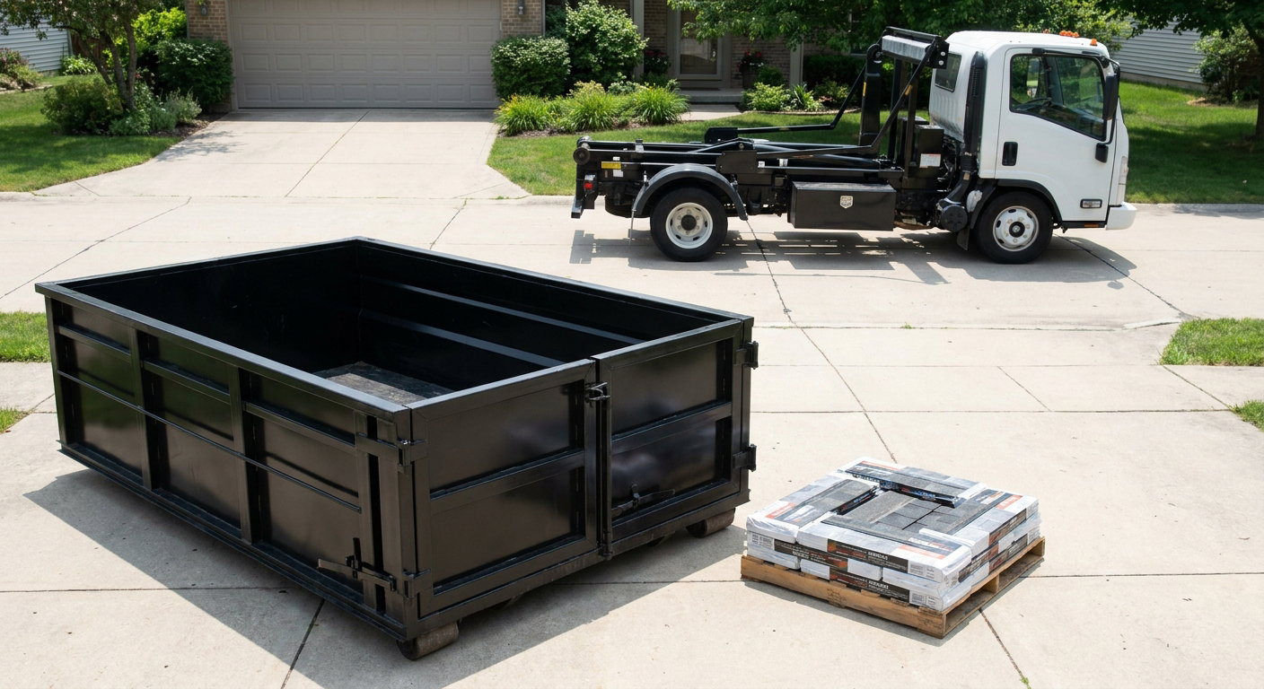 Matte-black 15-yard roofing roll-off dumpster with reinforced low side walls sitting directly on a Daly City residential concrete driveway, three-tab asphalt shingle bundles stacked nearby, an unmarked white hauler truck partially visible at the edge of the frame.
