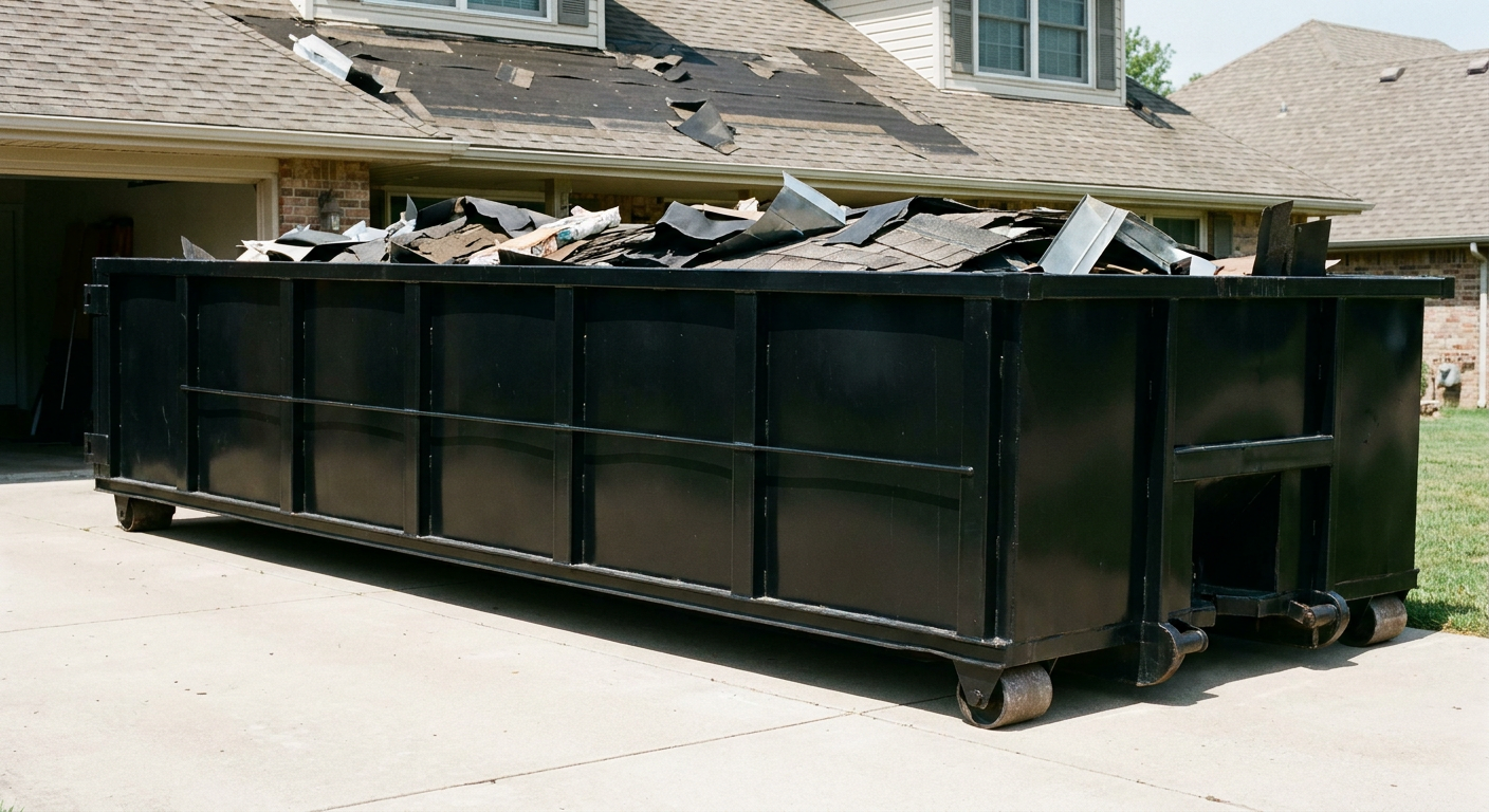 Matte-black 20-yard roofing roll-off dumpster with steel ribbed sides and swinging rear door, sitting directly on the concrete driveway of a two-story Daly City home, asphalt shingle debris being loaded over the low wall, clean documentary lighting.