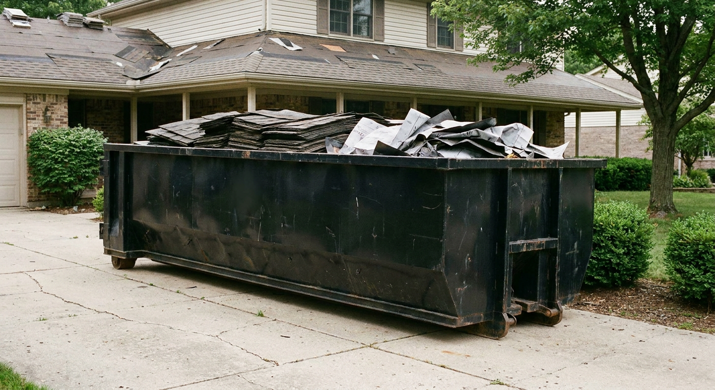 Matte-black 30-yard roofing roll-off dumpster sitting directly on a Daly City concrete driveway, taller ribbed steel side panels, mixed tear-off debris of asphalt shingles and underlayment inside, professional documentary daylight.