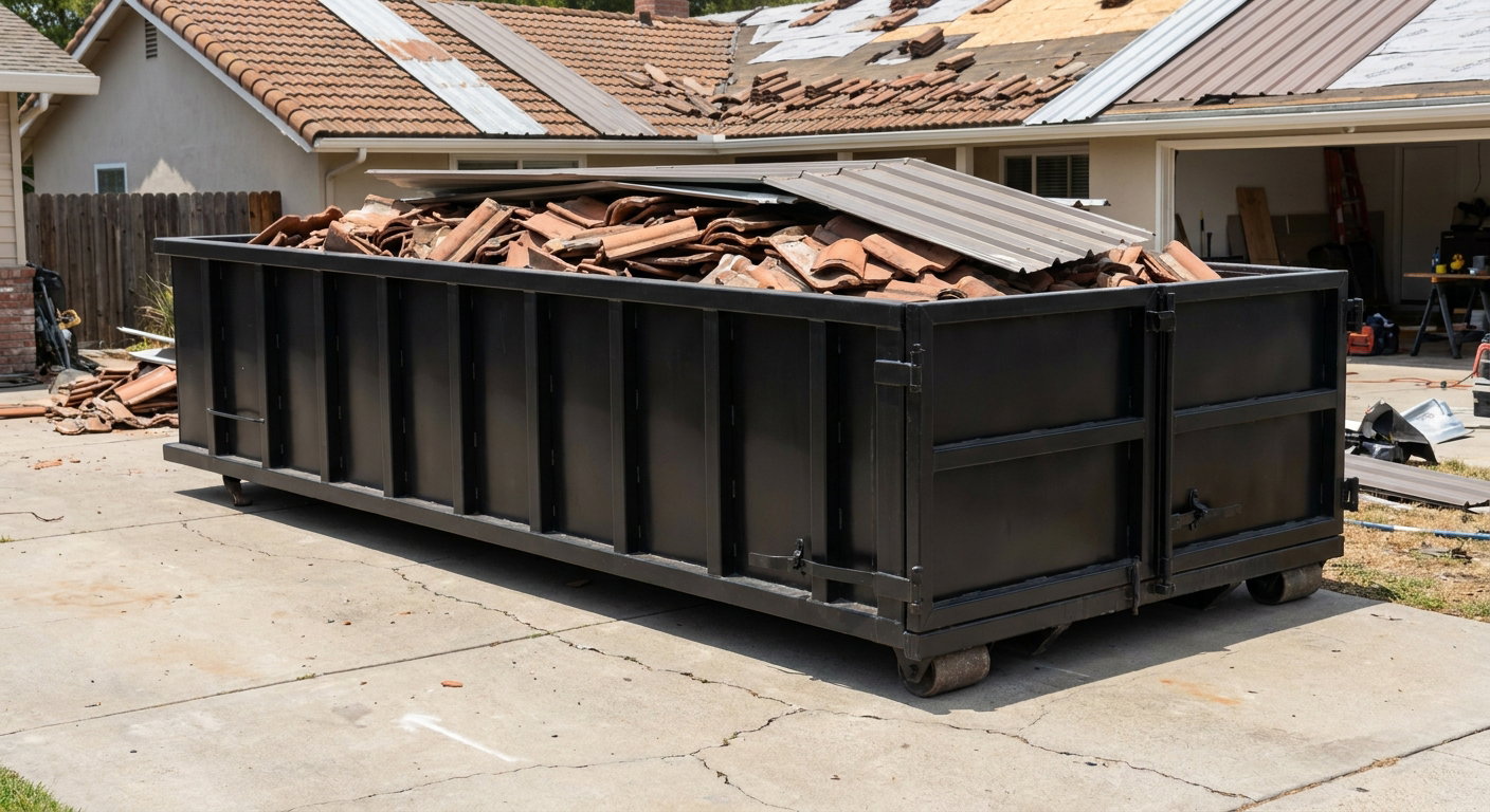 Matte-black low-wall heavy-debris roofing roll-off dumpster sitting directly on a Daly City concrete driveway, broken concrete clay roof tiles and metal panel sections loaded inside, reinforced ribbed steel side walls visible, bright outdoor daylight.