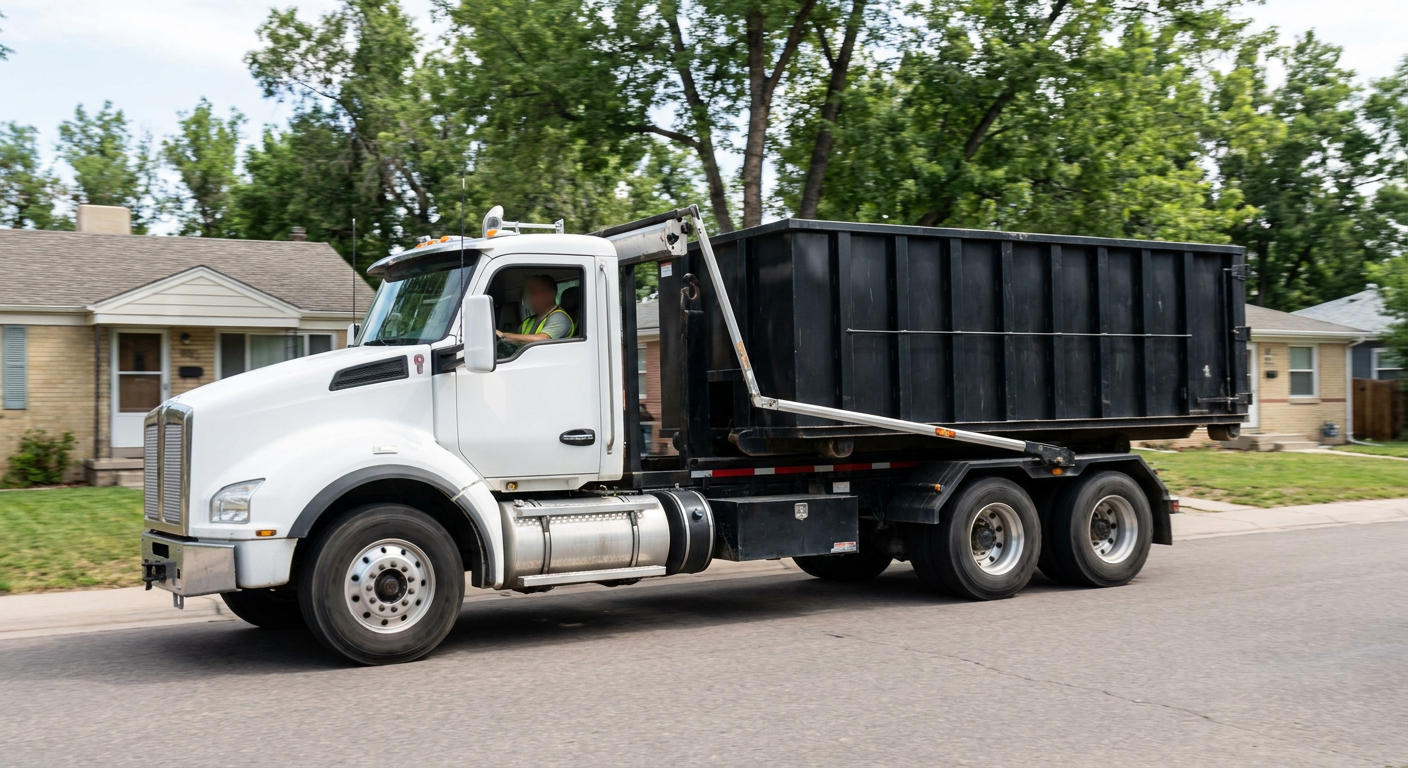 A wide documentary shot of a matte-black roll-off delivery truck pulling onto a quiet Daly City residential street at mid-morning, with neighborhood rooftops and tree-lined blocks visible behind, showing the metro coverage footprint.