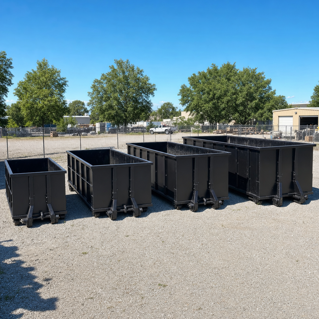 A clean lineup of matte-black roll-off dumpsters in 10, 20, 30, and 40-yard sizes staged on a sunlit gravel yard in Daly City, showing the size progression from compact to commercial-scale containers.