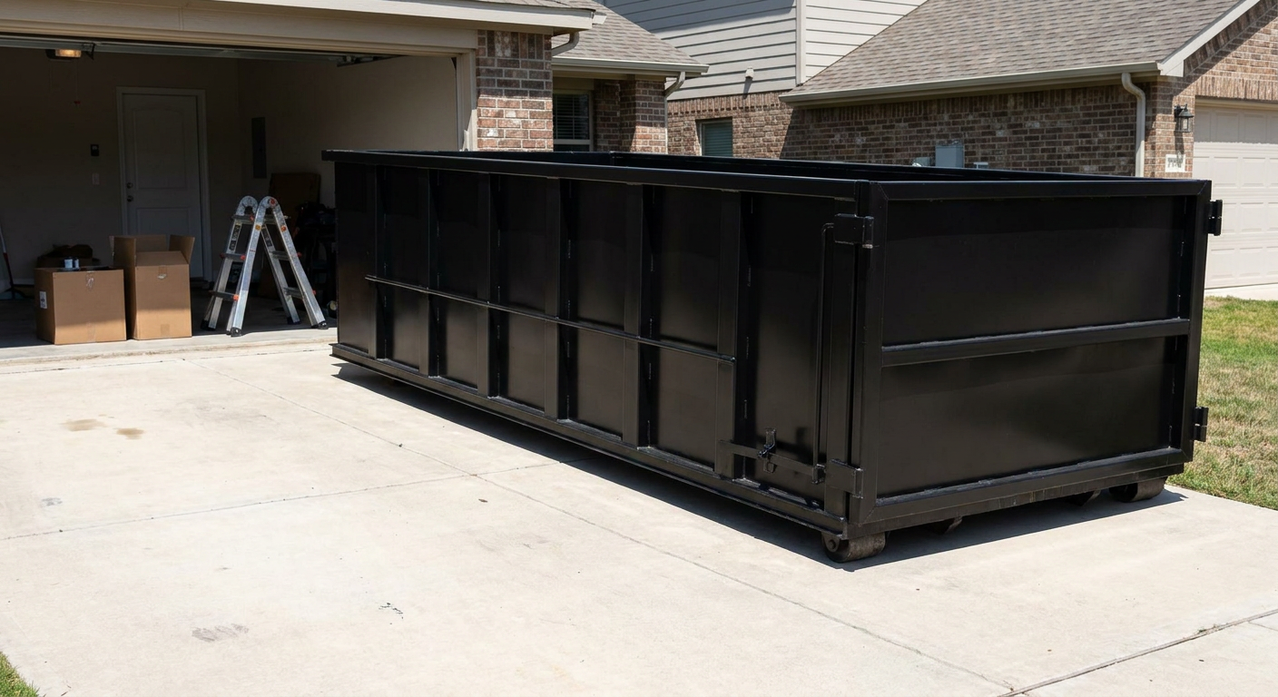 A matte-black 10-yard roll-off dumpster sitting directly on a residential Daly City concrete driveway, mid-day sunlight, clean and ready for a garage cleanout.