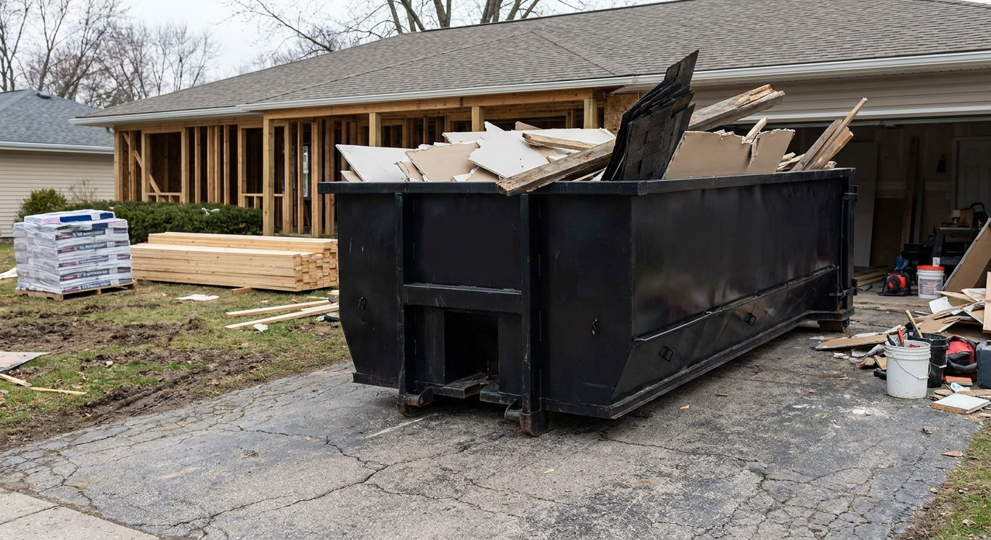 A matte-black 20-yard roll-off dumpster placed alongside a mid-renovation Daly City home directly on the asphalt driveway, with framing materials and torn-off shingles staged neatly nearby.