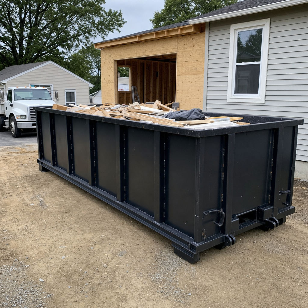 A matte-black 30-yard roll-off dumpster positioned at a Daly City residential addition jobsite, with framing lumber and drywall scraps loaded through the open swinging rear doors.