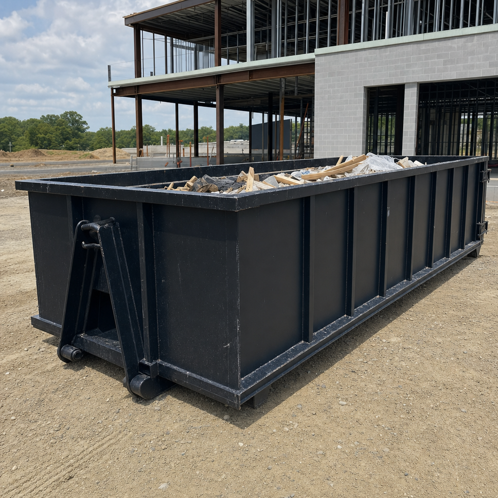 A matte-black 40-yard roll-off dumpster staged on a large Daly City commercial construction lot, with a hooklift delivery truck parked alongside under bright midday sky.