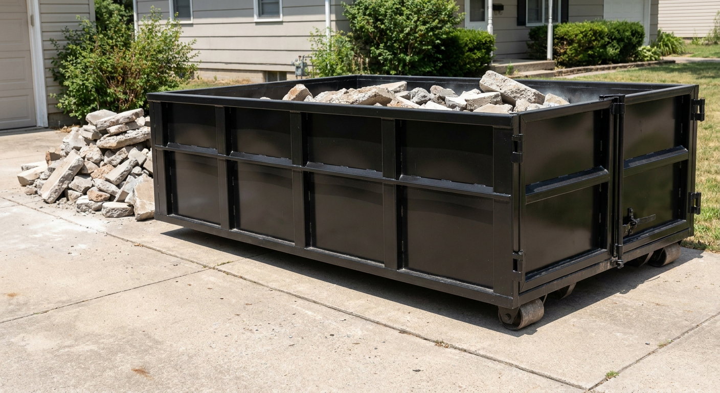 A matte-black low-side heavy-debris roll-off dumpster placed directly on a Daly City concrete driveway, with broken concrete chunks neatly stacked beside it under clean daylight.